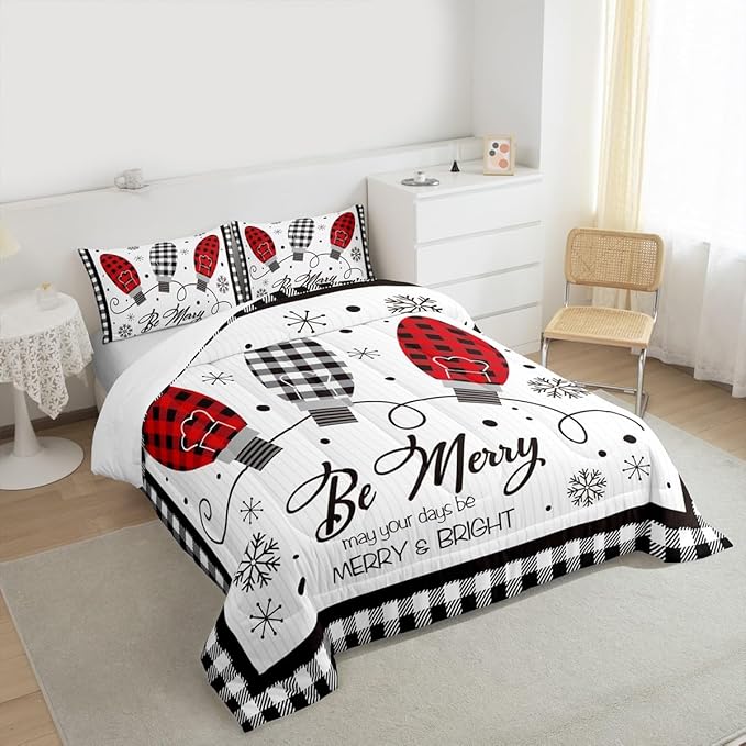 Merry Christmas Kids Comforter Set Queen Size,Geometric Grids Stylish Bedding,Girls Boys Adults Bedroom/Xmas Cabin Decor,Snowflake Bells Down Comforter,Rustic Farmhouse Duvet Insert,2 Pillowcases