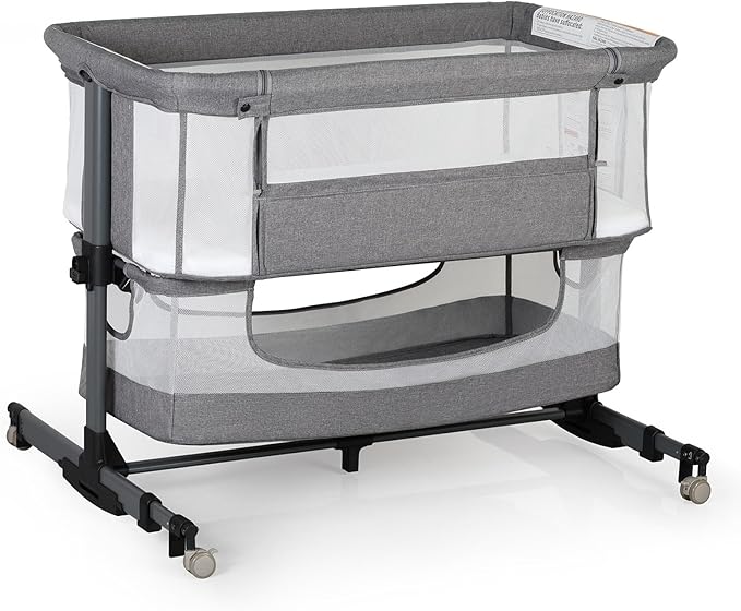 Baby Bassinet Bedside Sleeper, 3-in-1 Bedside Bassinet, 5 Height Adjustable Rocking Baby Crib, Breathable Full Mesh, Mosquito Net, Storage Basket, Stable and Secure Bassinets for Newborn Infant