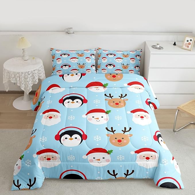 Feelyou Merry Christmas Comforter Set All Season Santa Claus Bedding Set with 2 Pillow Cases Deer Penguin Microfiber Kids King Bedclothes Snowman Bedroom Decor Duvet Quilt Breathable Soft Lightweight