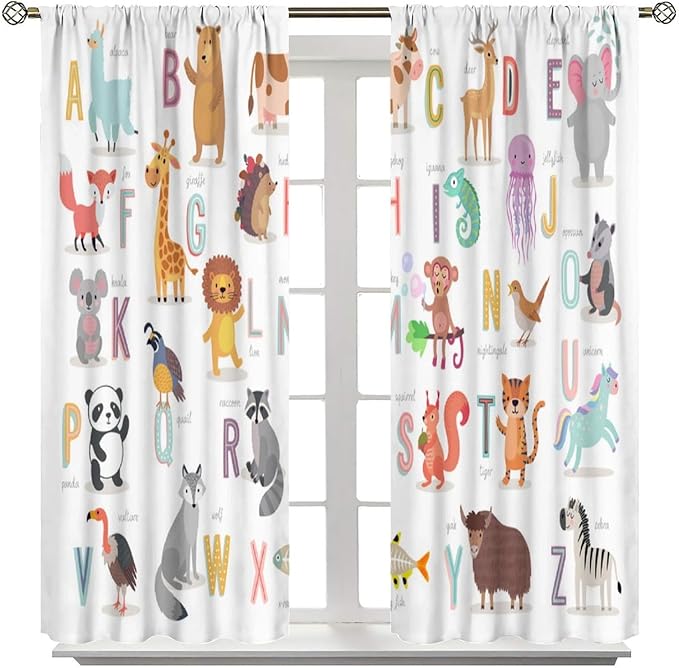 Kids Alphabet Curtains Cute Cartoon Animal Funny Educational Learning Curtain with Rod Pocket for Nursery Bedroom Playroom Home Decor Drapes Window Treatments 2 Panels Set 84" W X 84" L