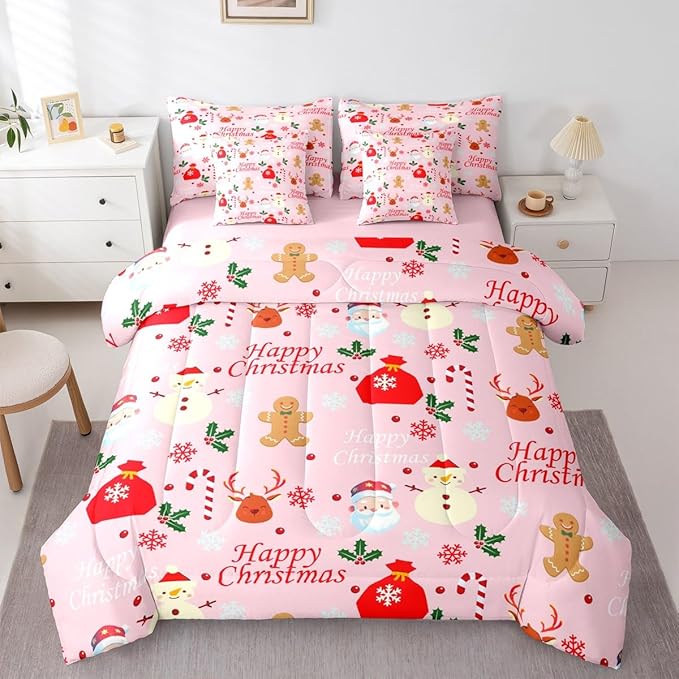 Christmas Deer King Comforter Set with Sheets for Kids Boys Girls Cute Gingerbread Man 7 Pieces Bedding Set Christmas Santa Claus Bed in a Bag Reversible Pink Decor Room Decor Soft Lightweight