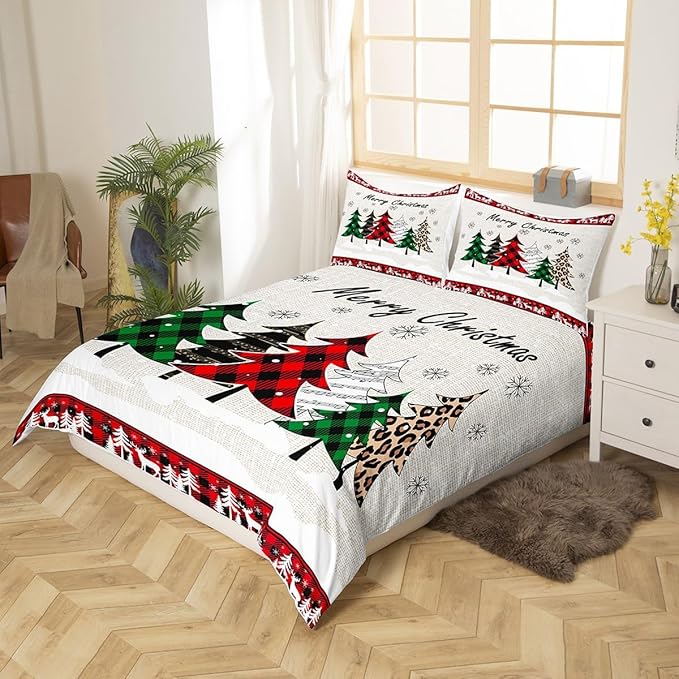 Manfei Xmas Trees Duvet Cover Set Twin Size, Merry Christmas Bedding Set 2pcs for Kids Boys Girls, Pine Trees Snowflake Deers Comforter Cover Soft Polyester Quilt Cover with 1 Pillowcase,No Comforter