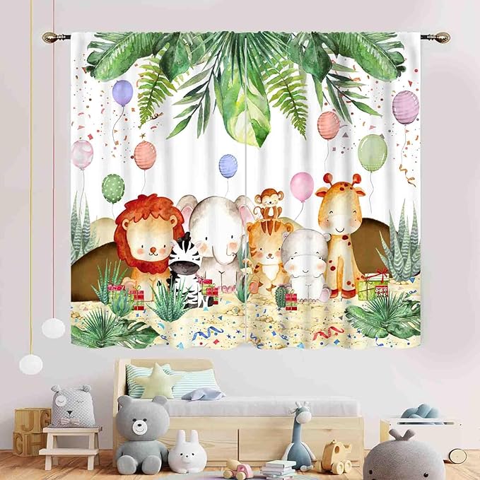 Jungle Safari Animals Curtains, Cartoon Animals Lion Giraffe Elephant Woodland Tropical Leaf Green Window Drapery for Kids Boys Girls Baby Living Room Bedroom Nursery 2 Panels, 52"x84" Inch