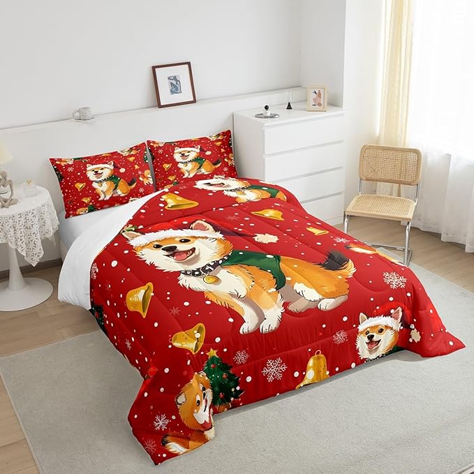 Cartoon Dog Comforter Set King Size,Bell Christmas Tree Star Snowflake Duvet Insert for Kids Boys Girls Room Decor,Cute Corgi Xmas Theme Bedding Set 3Pcs,Merry Christmas Red Quilt Set,2 Pillowcases