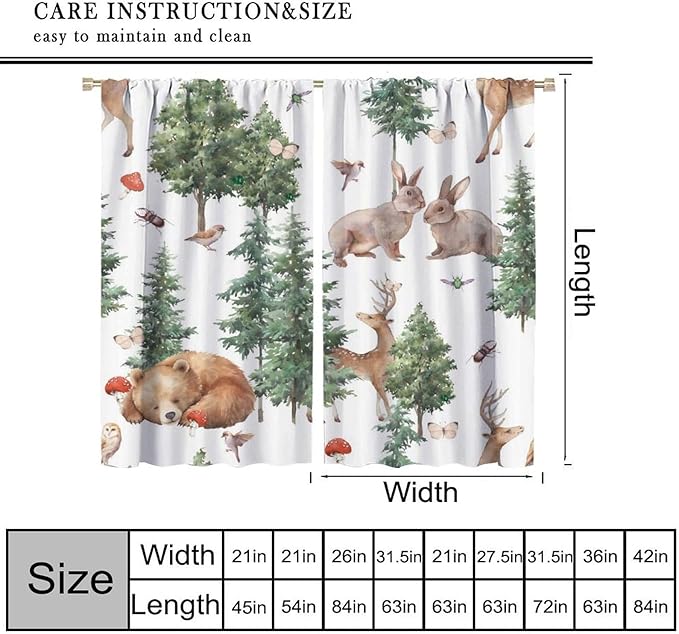 YCness Forest Animal Curtains, Wild Animals Watercolor Woodland Bear Rabbit Cartoon Window Treatments for Kids Bedroom Living Room Kitchen Living Room Drapes, 63x72 Inch