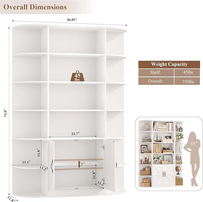 HOSTACK 75" Tall Book Shelf and Bookcase, 6 Tier Bookshelf with Storage, 47" Wide Bookcase with Doors, Freestanding Wood Display Shelves with Book Storage Cabinet for Home Office, Living Room, White