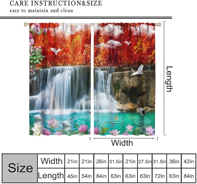 Nature Blackout Curtains, Waterfall Landscape Forest River Crane Fish Floral Pattern Rod Pocket Window Drapes, for Bedroom Living Room 84" W X 84" L