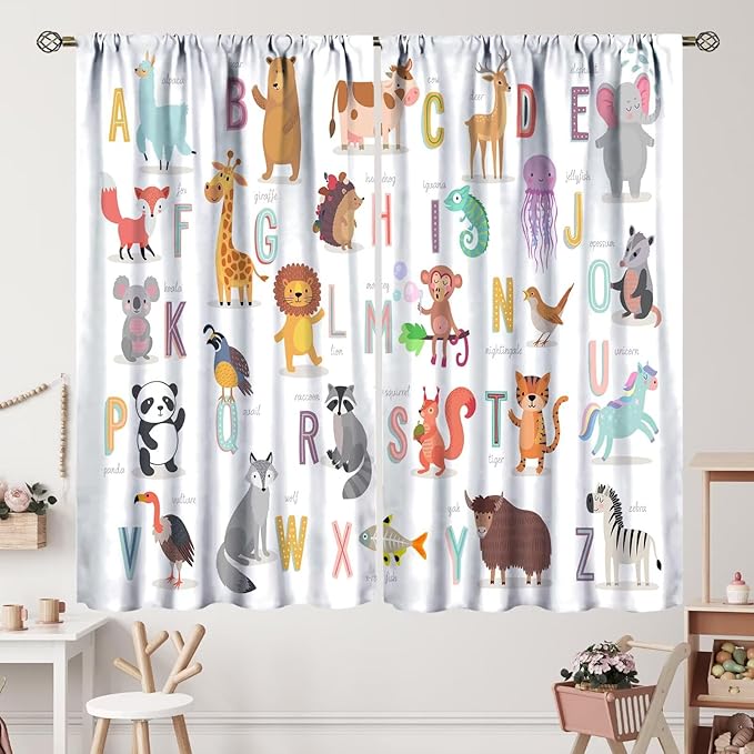 Kids Alphabet Curtains Cute Cartoon Animal Funny Educational Learning Curtain with Rod Pocket for Nursery Bedroom Playroom Home Decor Drapes Window Treatments 2 Panels Set 42" W X 63" L