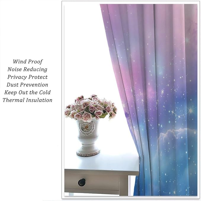 Starry Sky Galaxy Curtains, Outer Space Glitter Dreamy Gradient Romantic Blackout Window Curtains Drapes for Kids Girls Boys Adults Bedroom Nursery 52" W X 84" L