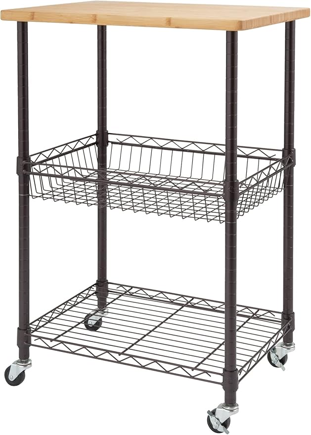 3 Tier Rolling Cart Kitchen Organizer with Bamboo Top, Metal Wire Storage Basket and Shelf for Household and Pantry Organization, Dark Bronze, 24” W x 18” D x 35” H