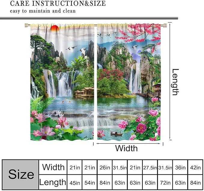 Waterfall Blackout Curtains, Forest Waterfall Rocky Lotus Fish Landscapes Print Window Drapes, for Living Room Bedroom 42" W X 63" L