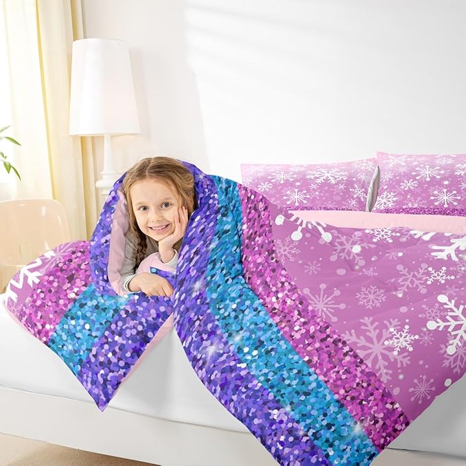 Feelyou Pink Snowflake Comforter Set Queen Size Winter Snowflake Bedding Set for Kids Boys Girls Christmas Duvet Quilt Glitter Print Bedroom Decor Microfiber 3 Pcs with 2 Pillow Cases