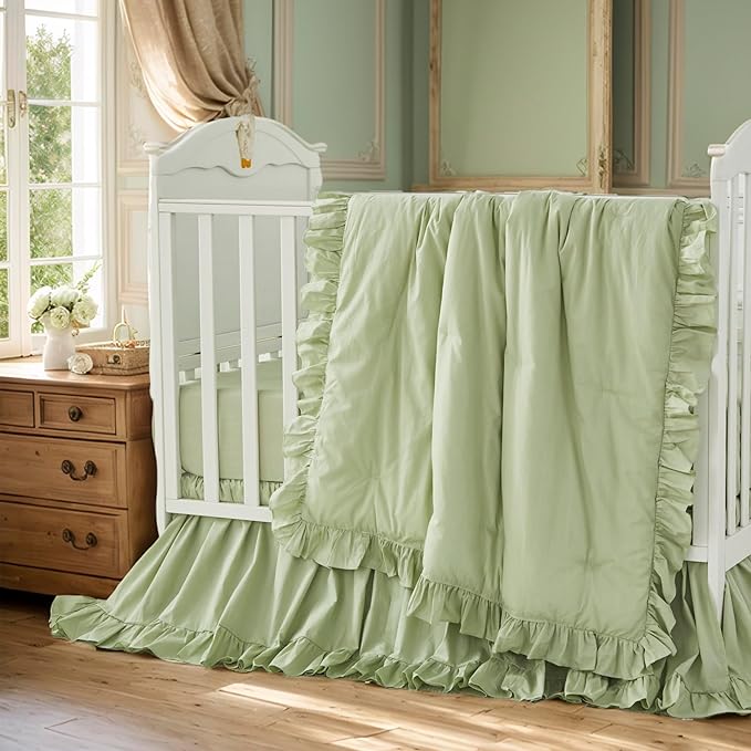 Brandream Farmhouse Crib Bedding Sets for Girls and Boys | 100% Percale Cotton 3 Piece Nursery Set Light Green Ruffles | Baby Comforter, Fitted Crib Sheet, Crib Skirt Included