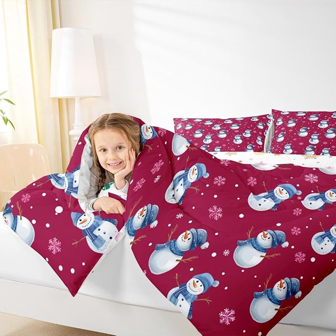 jejeloiu Kids Cute Winter Snowman Comforter Set Full Size Red Christmas Theme Bedding Set for Boys Girls Teens Xmas Snowflake Happy New Year Duvet Quilt Room Decor