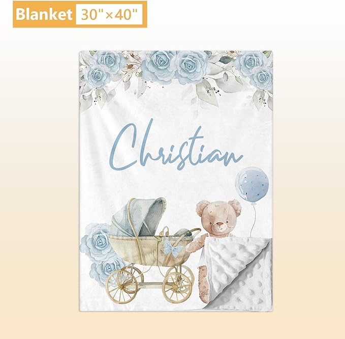 Personalized Toddler Bedding Set, 5 Pcs Custom Name Crib Bedding Set for Girls Boys, Blue Bear Flannel Baby Crib Bedding Set, Double Layer Baby Crib Set, Customized Gifts for Infants Toddlers