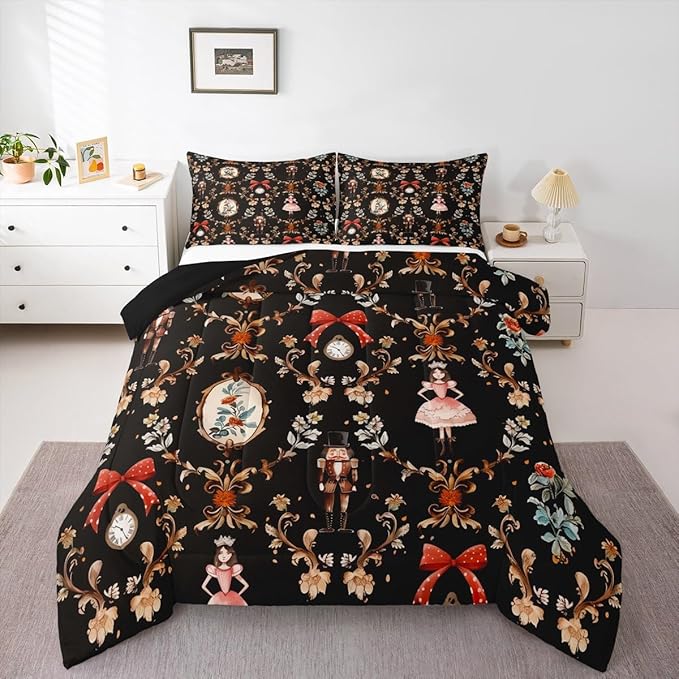Feelyou Christmas Kids Comforter Set Full Size Nutcracker Bedding Set Soldier Royal Guarder Princess Duvet Quilt for Kids Boys Girls Bedroom Flower Bow Decor Microfiber Ultra Soft Breathable