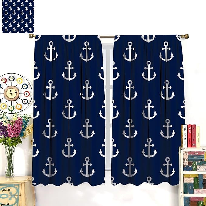 Nautical Costal Curtains,MarineThemed Oceanic Anchor Pattern Blackout Print Home Bedroom Living Room Window Treatments 2 Panel Set 72x63 Inch