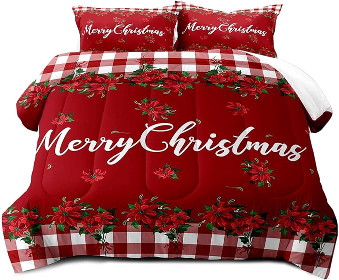 LUVIVIHOME 3PCS Christmas Comforter Set Queen Size, Farmhouse Bedding, Holiday New Year Xmas Floral Checkered Red Buffalo Plaid Bedding, Poinsettia Christmas Decorations, Xmas Gifts, 2 Pillow Cases