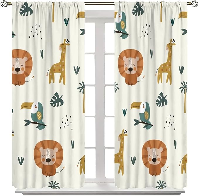 Cute Lion Window Curtains for Kids Bedroom,Cartoon Woodland Jungle Forest Wildlife Little Lion Giraffe Owl Palm Tree Printed Pattern Blackout Drapes for Living Room Baby Nursery Room 52x84in