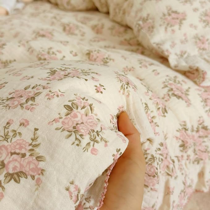 BuLuTu Muslin Duvet Cover Full for Kids Adults Elegant Pink Floral Duvet Covers with Ruffles Soft Breathable Comforter Cover Quilted Cover for Women Girls, 79"x90", No Pillow Cases