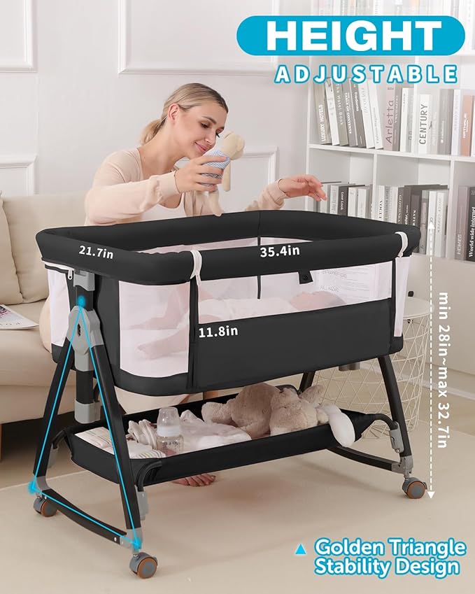 3 in 1 Baby Bassinet Crib with Breathable Mesh, Bassinet Bedside Sleeper with Wheels, Mosquito Net, Storage Basket, 6 Height Adjustable, Easy to Fold, Rocking Bassinet for Baby, Black