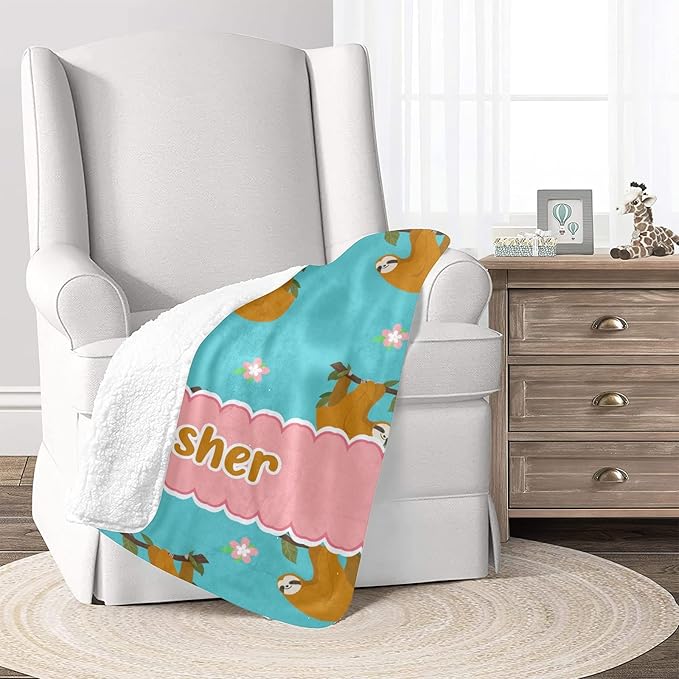 Sloth and Flower Personalized Receiving Sherpa Fleece Baby Blankets for Girls Boys Kids, Swaddle Blankets Gift for Newborn Crib Infants 30x40 Inches