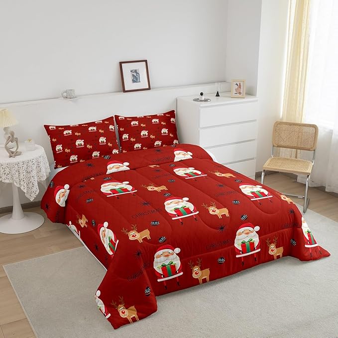 Feelyou Santa Claus Comforter Set Christmas Deer Decorations Bedding Set for Kids Boys Girls Winter Snowflake Comforter Merry Christmas Khaki Red Quilt Collection 2Pcs Twin Size