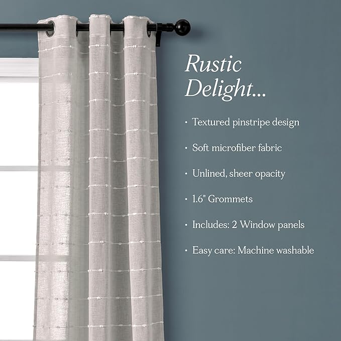 Lush Decor Farmhouse Textured Grommet Sheer Window Curtain Panel Pair, 38"W x 95"L, Gray