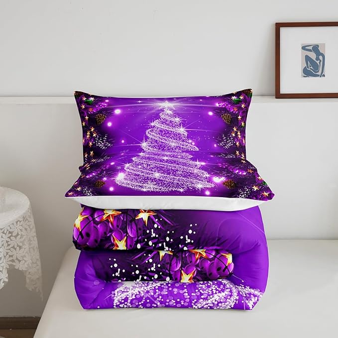Feelyou Kids Merry Christmas Decorations Comforter Set, Kids Santa Tree Bedding Set Toddler Size for Boys Girls Teens Xmas Christmas Bell Decor Comforter Glitter Purple Quilt Set