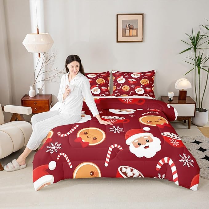 Feelyou Merry Christmas Comforter Set King Size Santa Claus Bedding Set for Kids Boys Girls Gingerbread Man Duvet Quilt Snowflake Bedroom Decor Microfiber 3 Pcs with 2 Pillow Cases