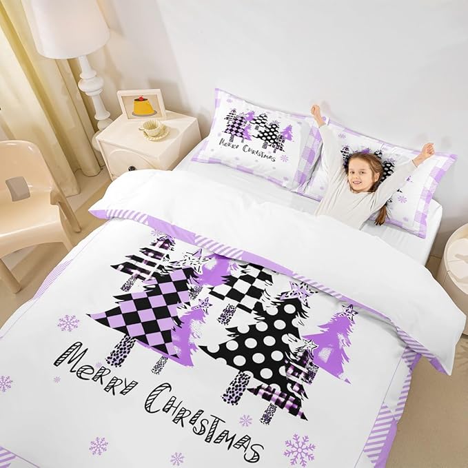 Manfei Xmas Trees Duvet Cover Set Twin Size, Purple Plaid Grid Snowflake Bedding Set for Kids Girls Bedroom Decor, Christmas Theme Comforter Cover New Year Quilt Cover with 1 Pillowcase, No Comforter