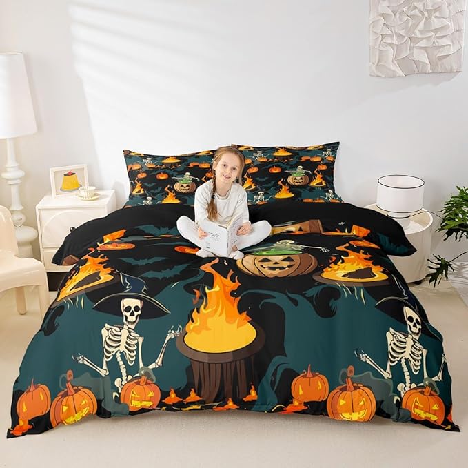 Feelyou Halloween Bedding Set for Kids Horror Skull Skeletons Comforter Cover Set Ghost Duvet Cover Pumpkin Lantern Bats Pattern Bedroom Decor Bedspread Cover Twin Size Bedding Collection 2Pcs