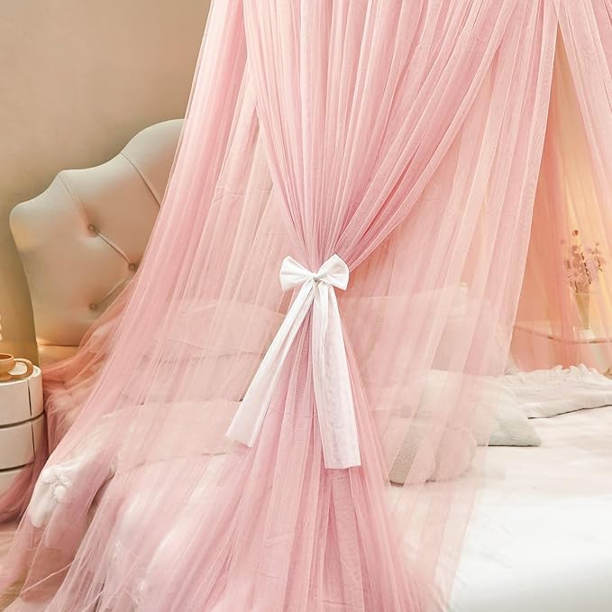 AIKASY Princess Bed Canopy for Girls – Double Layer Sheer Mesh Dome with Romantic Lace Trim, Dreamy Mosquito Net Tent for Twin/Full/Queen/King Beds(Coral)