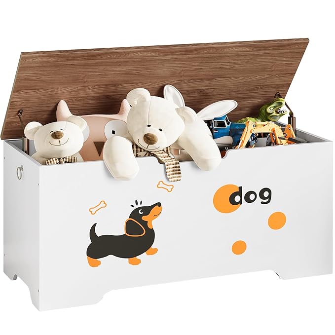 HOOBRO Toy Box, Toy Chest with 2 Safety Hinges, 47.2" Storage Bench, Wooden Storage Chest, for Entryway, Bedroom, Living Room, White and Walnut WH496CW01