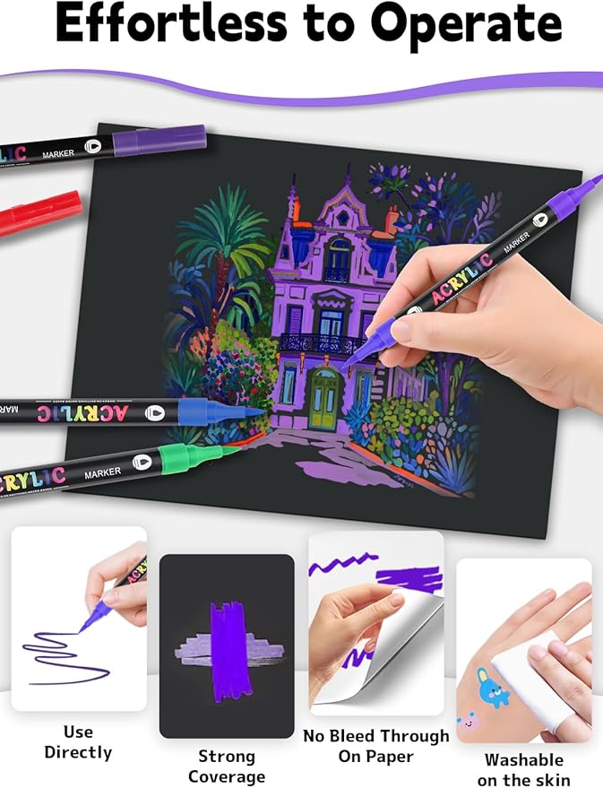 72 Colors Acrylic Paint Markers with 36 Dual-Color Brush Tips, Double Tips Acrylic Paint Pens for Rocks, Eggs, Wood, Rock, Canvas, Plastic, Glass, Ceramic