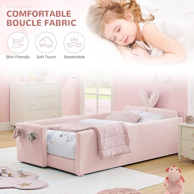Twin Size Kids Bed with Rabbit Ear Headboard, Upholstered Boucle Fabric Twin Daybed with Slats Support & Side Pockets, Space-Saving Wooden Corner Sofa Couch Bed Frame, for Girls, Boys, Teenager(Pink)
