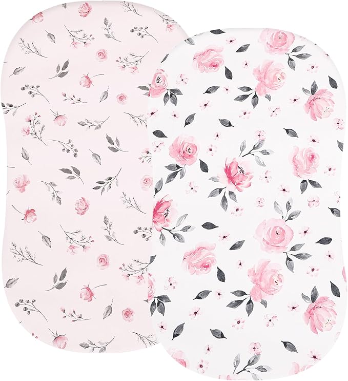 PHF Soft Bassinet Sheet Set, 2 Pack Silky Comfy Breathable Cradle Sheets for Baby Girls, Univeral Fit for Most Oval Rectangle Cradle and Bassinet Mattress/Pad, Pink Floral
