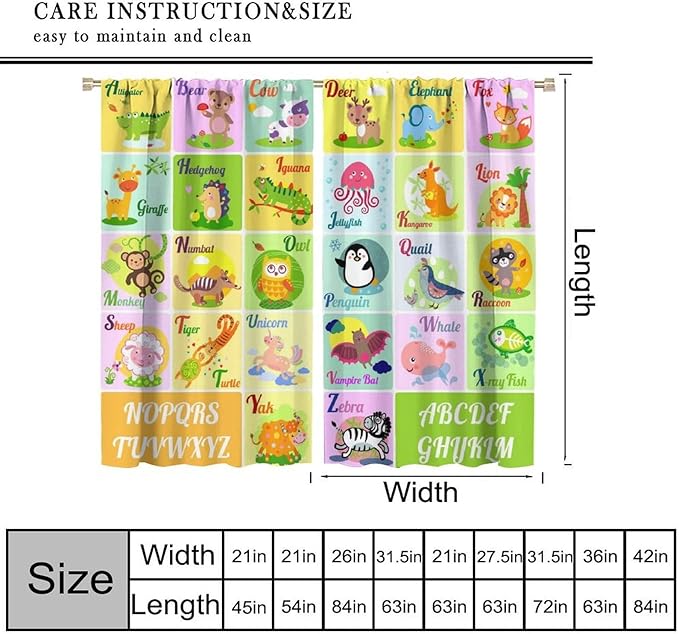 Kids Alphabet Letter Curtains Funny Education School Cute Cartoon Animal Printed Curtain with Rod Pocket for Bedroom Living Room Home Drapes Window Treatments 2 Panels Set 42" W X 54" L