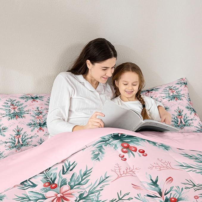 Feelyou Merry Christmas Kids Comforter Set Full Size Green Xmas Tree Bedding Set Pink Bow Duvet Quilt for Kids Boys Girls Bedroom Decor Microfiber Ultra Soft Breathable