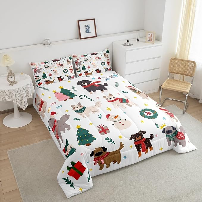 Erosebridal Merry Christmas Quilt Toddler Size Cartoon Dog Comforter Set for Teens Kids Boys Xmas Tree Snowman Bedding Set Cute Pug Puppy Animal Duvet Insert with 1 Pillow Case