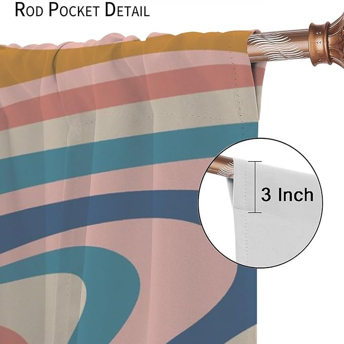 70S Abstract Wavy Swirl Curtain for Bedroom Windows,Retro Boho Minimal Teen Girls Kids Living Room Restroom Window Treatments Drapes 52" W X 84" L