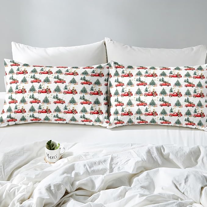 Feelyou Christmas Duvet Cover Boys Christmas Tree Bedding Set for Kids Teens Ultra Soft Cartoon Car Comforter Cover Set Watercolor Xmas Theme Bedspread Cover Room Decor Full Size Bedclothes Zipper