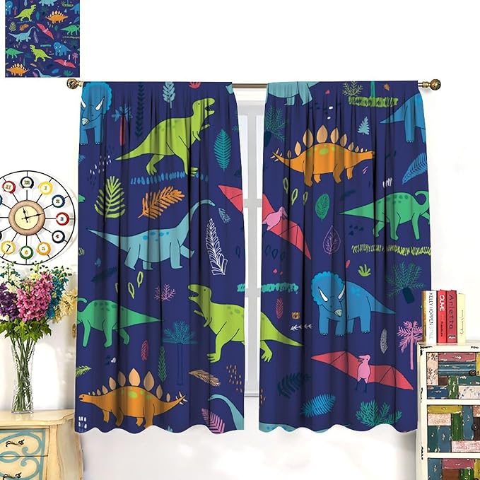 Dinosaurs Blackout Curtains Cute Cartoon Animals Dino Tropical Plant Colorful Art Print for Kids Boys Bedroom Living Room Rod Pocket Decoration Window Drapes 2 Panels W21xL54in