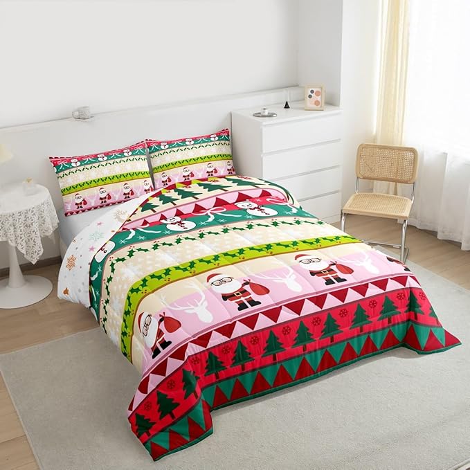 Feelyou Merry Christmas Tree Bedding Set Soft for Boys Girls, Cute Snowman Comforter Set Queen Size Santa Claus Duvet Quilt Microfiber Cartoon Bowknot Bedroom Decor 3 Pcs with 2 Pillow Cases