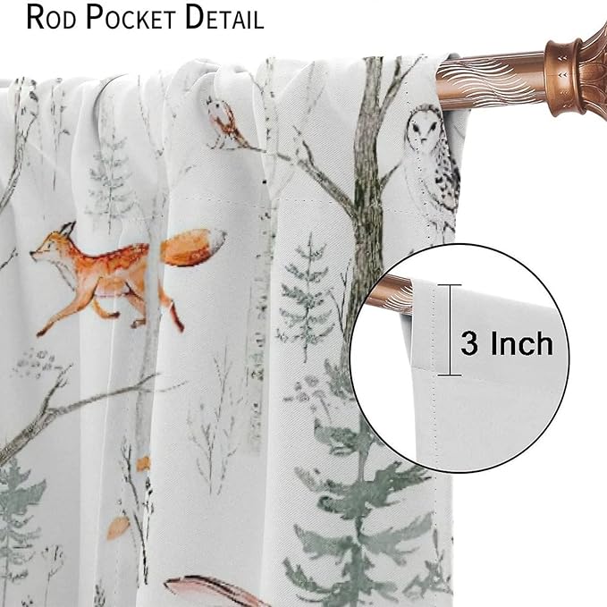 Rustic Forest Window Curtains, Watercolor Woodland Animals Owl Hedgehog Fox Butterfly Forest Squirrel and Bear Blackout Windows Door Curtain for Bedroom Living Room Home Decor 55x63in