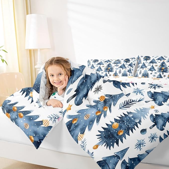 Feelyou Christmas Kids Comforter Set Queen Size Xmas Tree Bedding Set Snowflake Duvet Quilt for Kids Boys Girls Bedroom Watercolor Blue Decor Microfiber Ultra Soft Breathable
