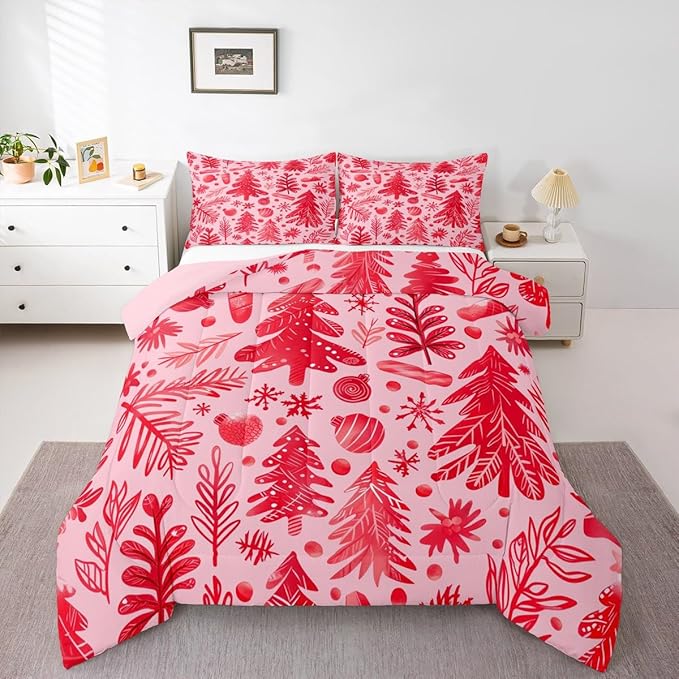 Feelyou Christmas Kids Comforter Set Toddler Size Snowflake Candy Bedding Set Xmas Tree Duvet Quilt for Kids Boys Girls Bedroom Pine Tree Decor Microfiber Ultra Soft Breathable