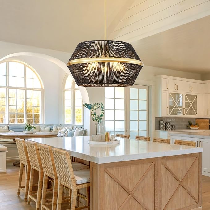 WJShome 5-Light Farmhouse Rattan Chandelier, 19" Black Chandeliers for Dining Room, Rustic Hand Woven Boho Kitchen Island Pendant Lights, for Bedroom Living Room Foyer.