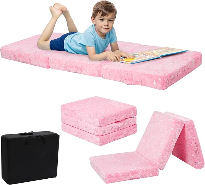 MeMoreCool Glow Pink Unicorn Foldable Floor Mattress for Kids, Trifold Nap Mat for Toddlers, Portable Daycare Sleeping Futon or Floor Bed, 57x22 Inch