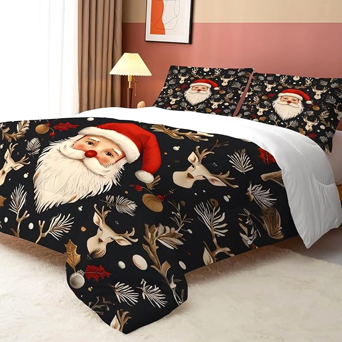 Black Christmas Bedding Set Santa Claus Comforter Full/Queen Size for Kids Girls Women Xmas Reindeer Holiday Bedroom Quilt Bed Sets, 1 Comforter 2 Pillowcases